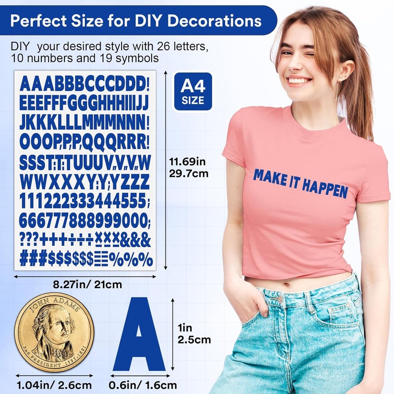 Comkrivy 5 Sheets 830 Pieces Iron on Letters and Numbers for Clothing, 1 Inch Iron on Vinyl Letters with A-Z Heat Transfer Letters 0-9 Iron on Numbers PU Alphabet Stickers for T-Shirt Printing DIY Craft, Blue - Image 2